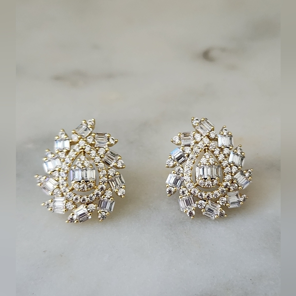 Gold Tone Baguette CZ Teardrop Statement Stud Earrings Bridal Glam